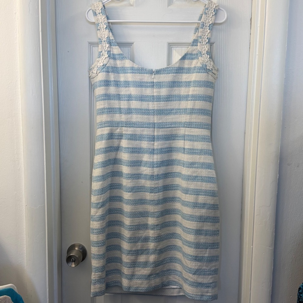 Lilly Pulitzer Blue White Striped Tweed Shift Dress Metallic Floral Lace Size 6 - Picture 5 of 7